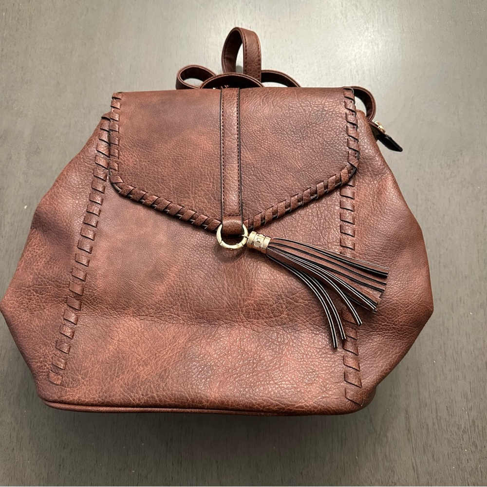 ALYSSA Faux Vegan Leather Whipstitch Brown Backpack New - Picture 4 of 13
